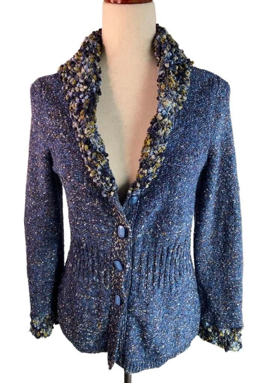 Christopher & Banks Cardigan Sweater Size S Blue Textured Knit Collar